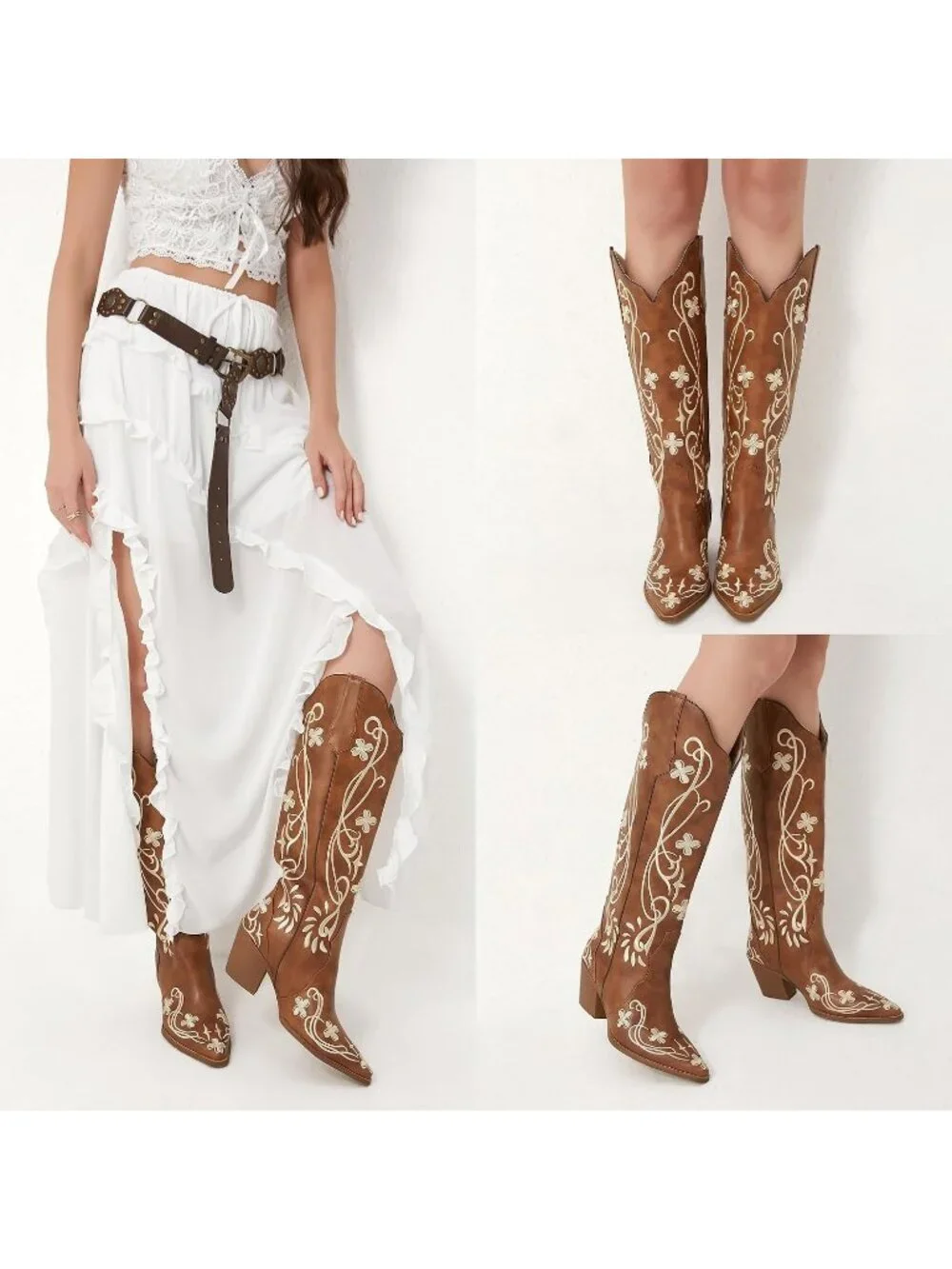 Women's Light Brown pu Knee High Floral Embroidered Vintage Cowgirl Boots